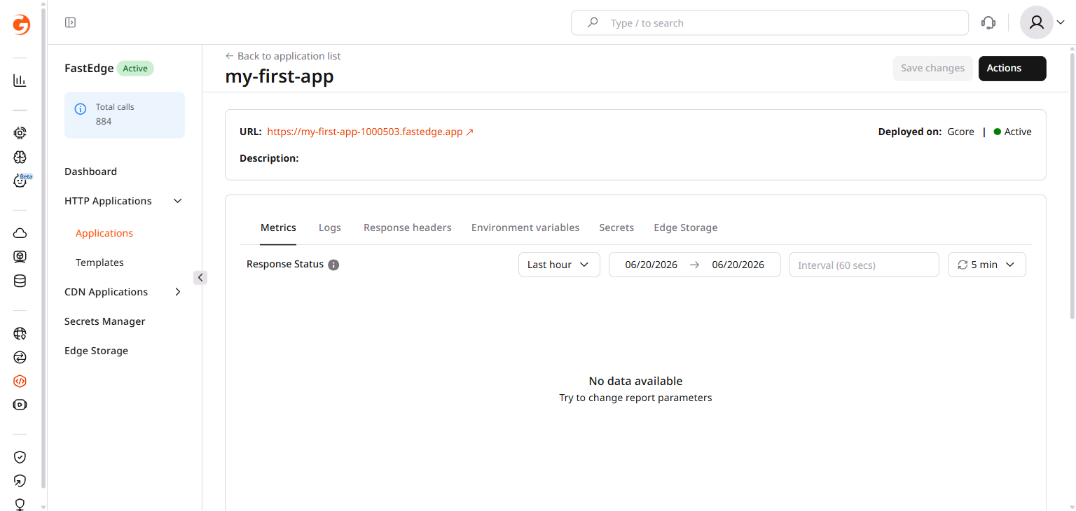FastEdge application management page showing the Save changes and Actions buttons and the Metrics, Logs, Response headers, Environment variables, Secrets, and Edge Storage tabs