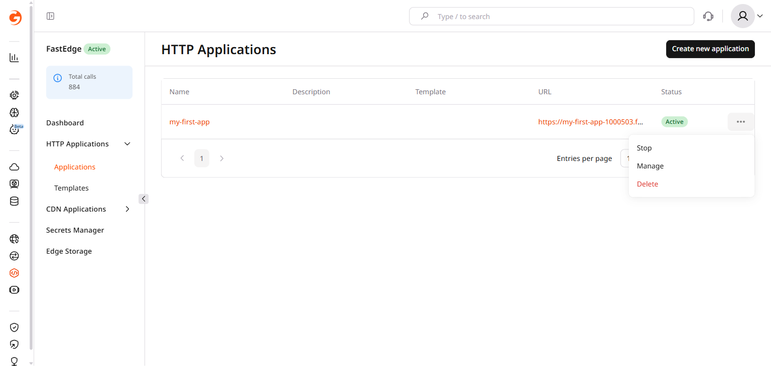 HTTP Applications list with the three-dot menu open showing Stop, Manage, and Delete options
