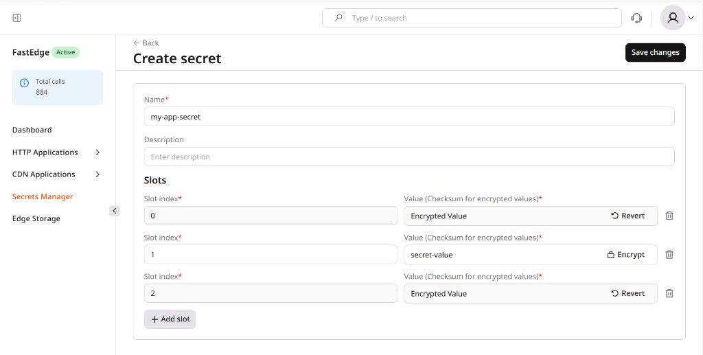 Create secret form with name, description, and slot value encrypted