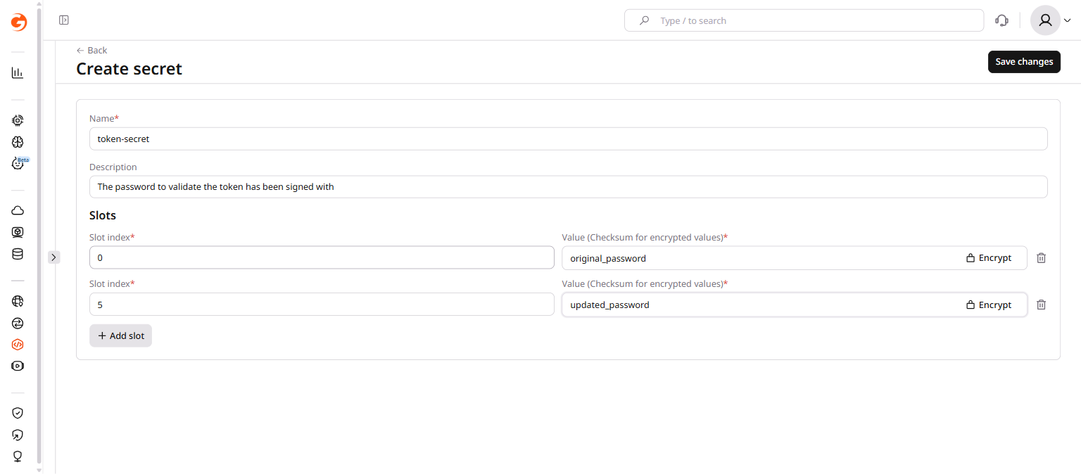 Create secret form with two slots — index 0 for original password and index 5 for updated password