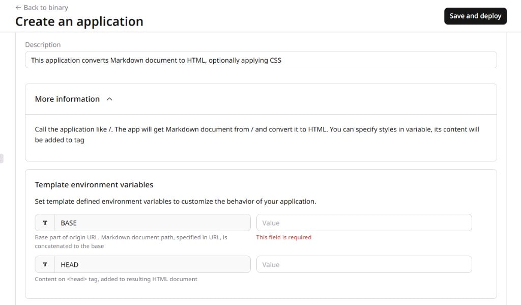 Markdown renderer form with BASE required field and optional HEAD field