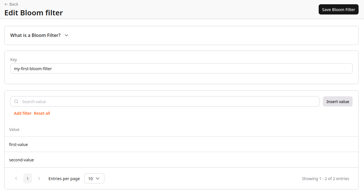 Edit Bloom Filter page showing existing values list and Insert value button