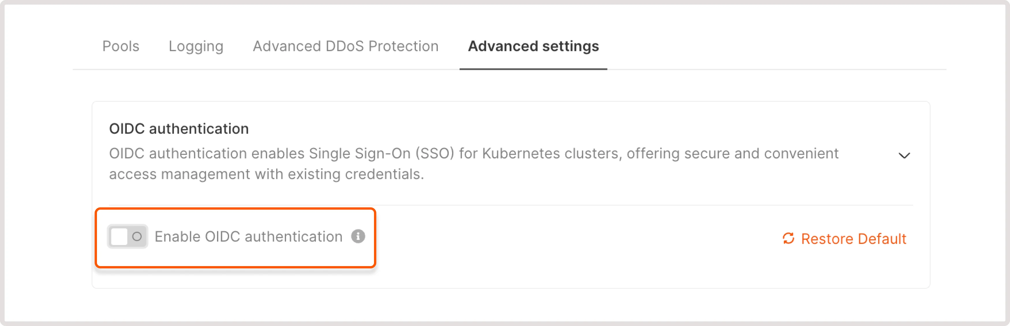 Disabled OpenID Connect authentication toggle