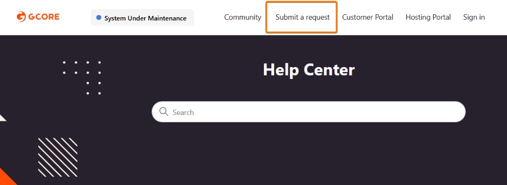Gcore Help Center with Submit a request button highlighted in the top navigation