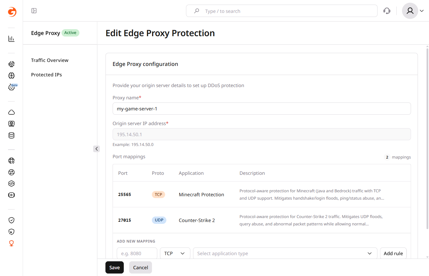 Edit Edge Proxy Protection form with two port mappings — the origin IP field is grayed out and cannot be changed