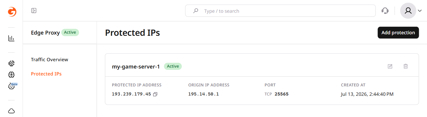 Protected IPs list showing my-game-server-1 with Active status and protected IP address 193.239.179.45