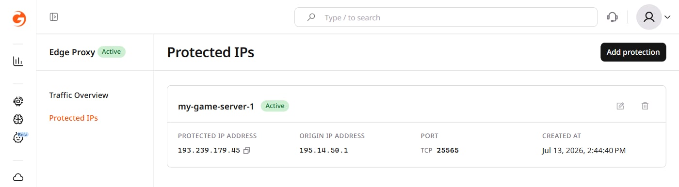 Protected IPs list showing my-game-server-1 with Active status and protected IP address 193.239.179.45