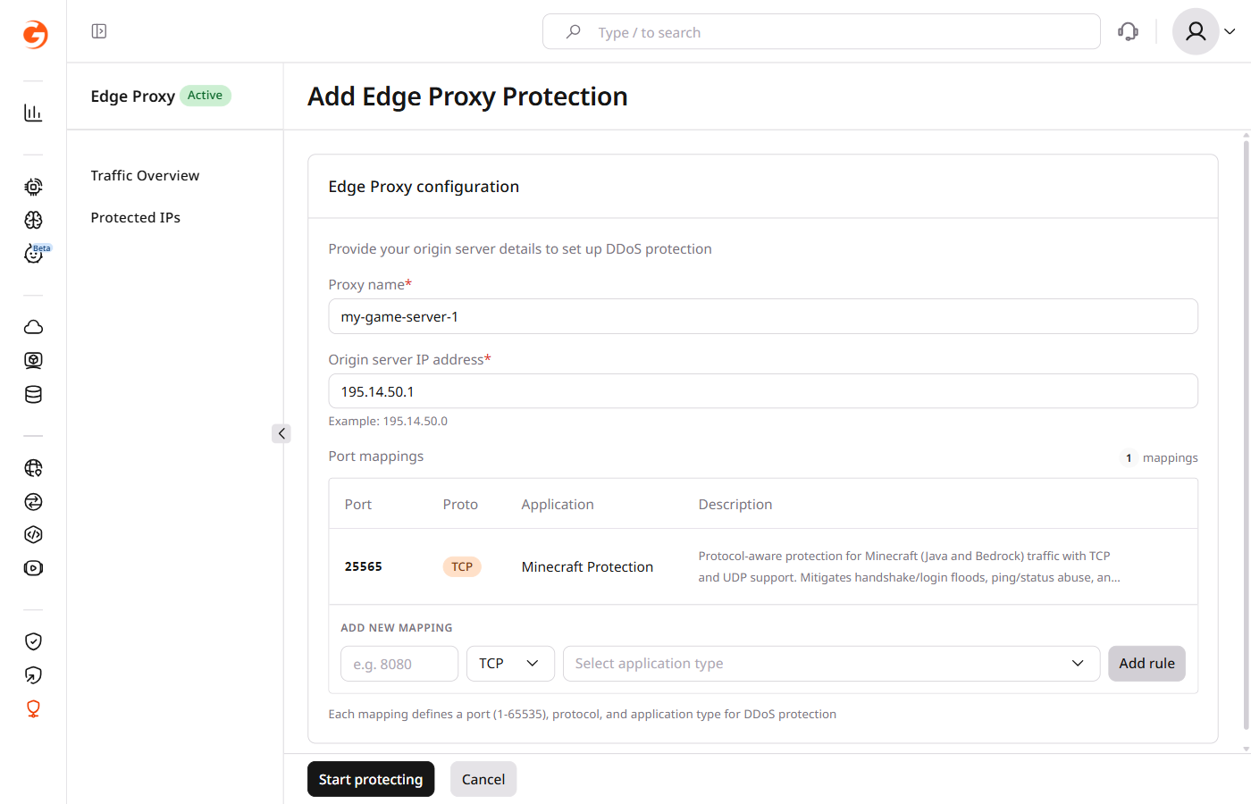 Edge Proxy configuration form