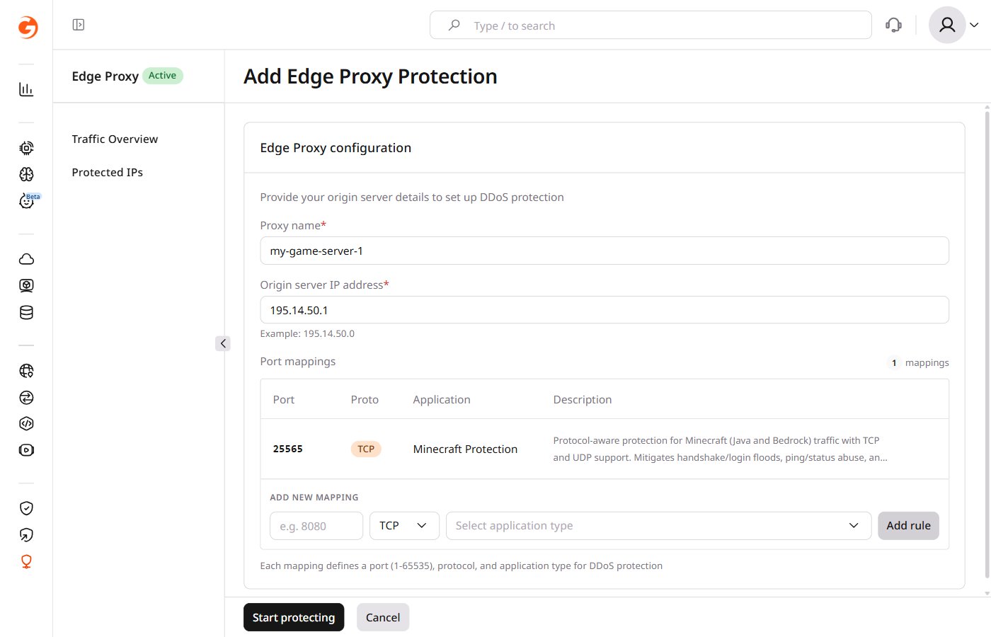 Edge Proxy configuration form