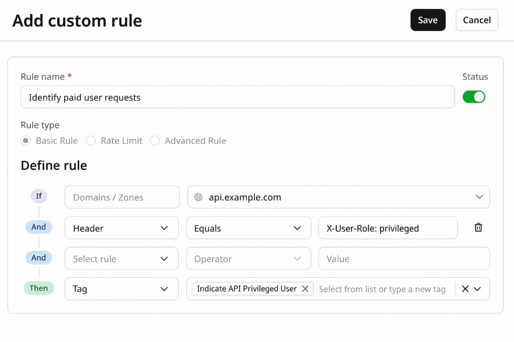 Paid-user Custom Rule with a Header condition and the Indicate API Privileged User action