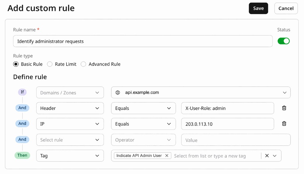 Administrator Custom Rule with Header and IP conditions and the Indicate API Admin User action