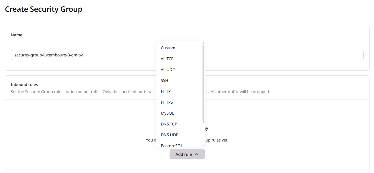 Add rule dropdown showing template options including RDP TCP and RDP UDP