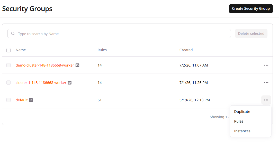 Security group context menu showing Duplicate, Rules, and Instances options