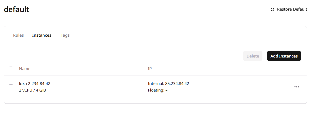Security group instances list showing assigned Virtual Machines
