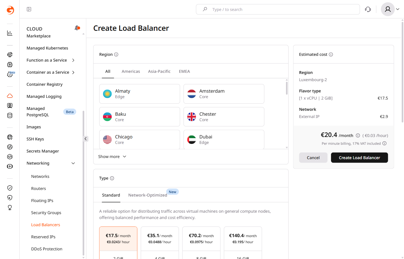 Load Balancer type selection with Standard flavor options