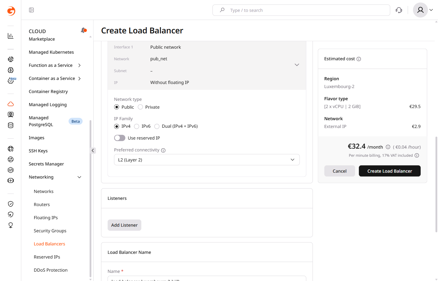 Listeners section with Add Listener button, and Load Balancer Name, Logging, and Tags sections below
