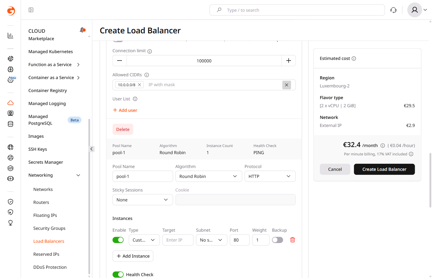 Instance row with type selector, IP target, subnet, port, weight, and backup toggle