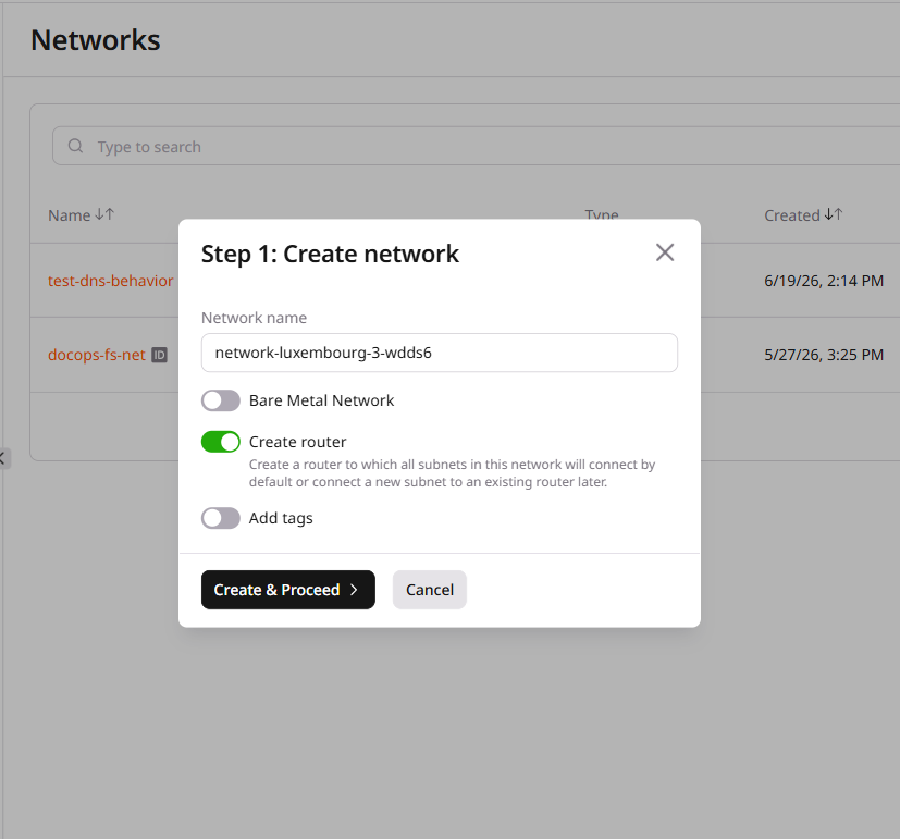 Create network dialog