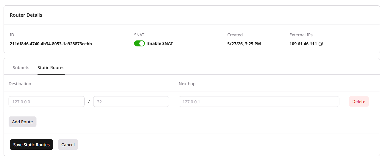 Static routes settings