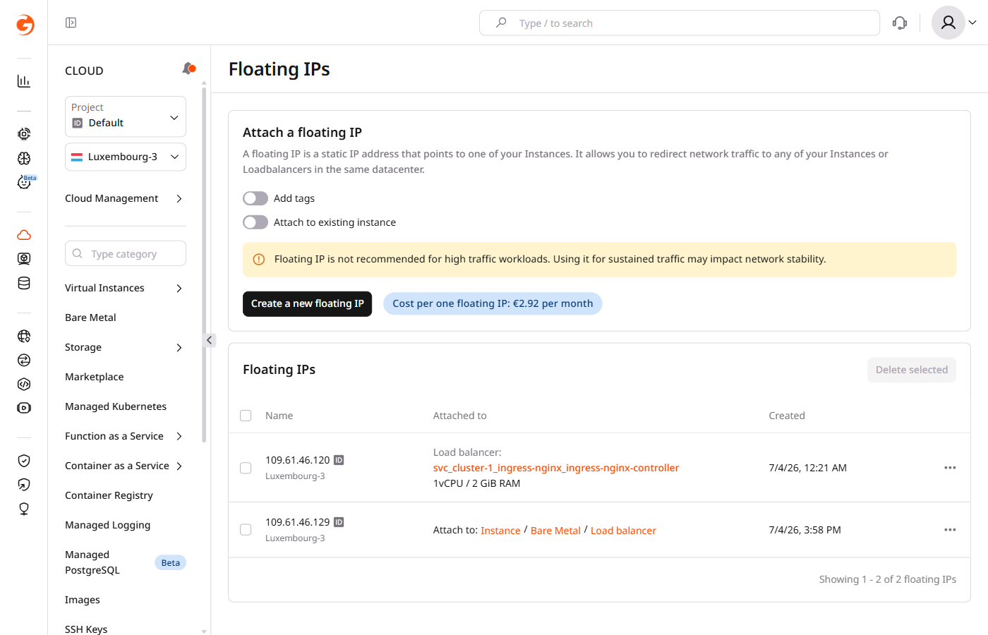 Floating IPs list showing Attach to links for an unassigned IP