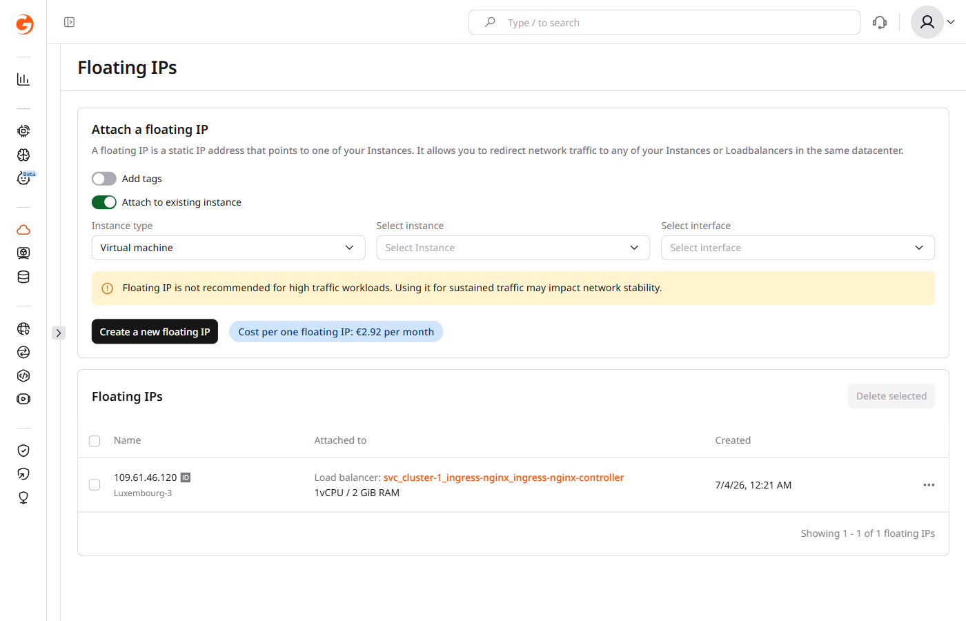 Floating IPs page with Attach to existing instance toggle enabled