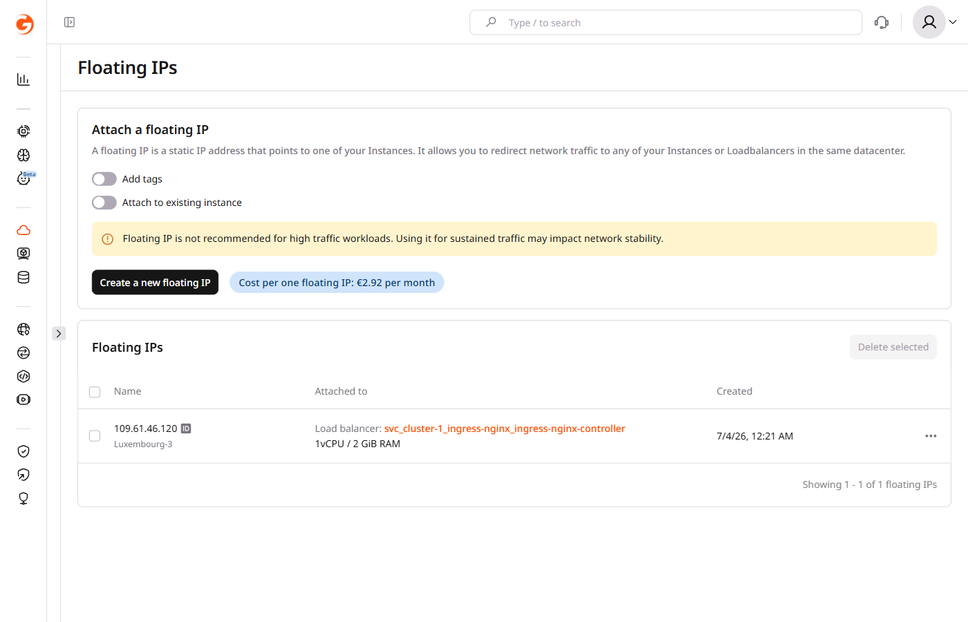 Floating IPs page with Create button