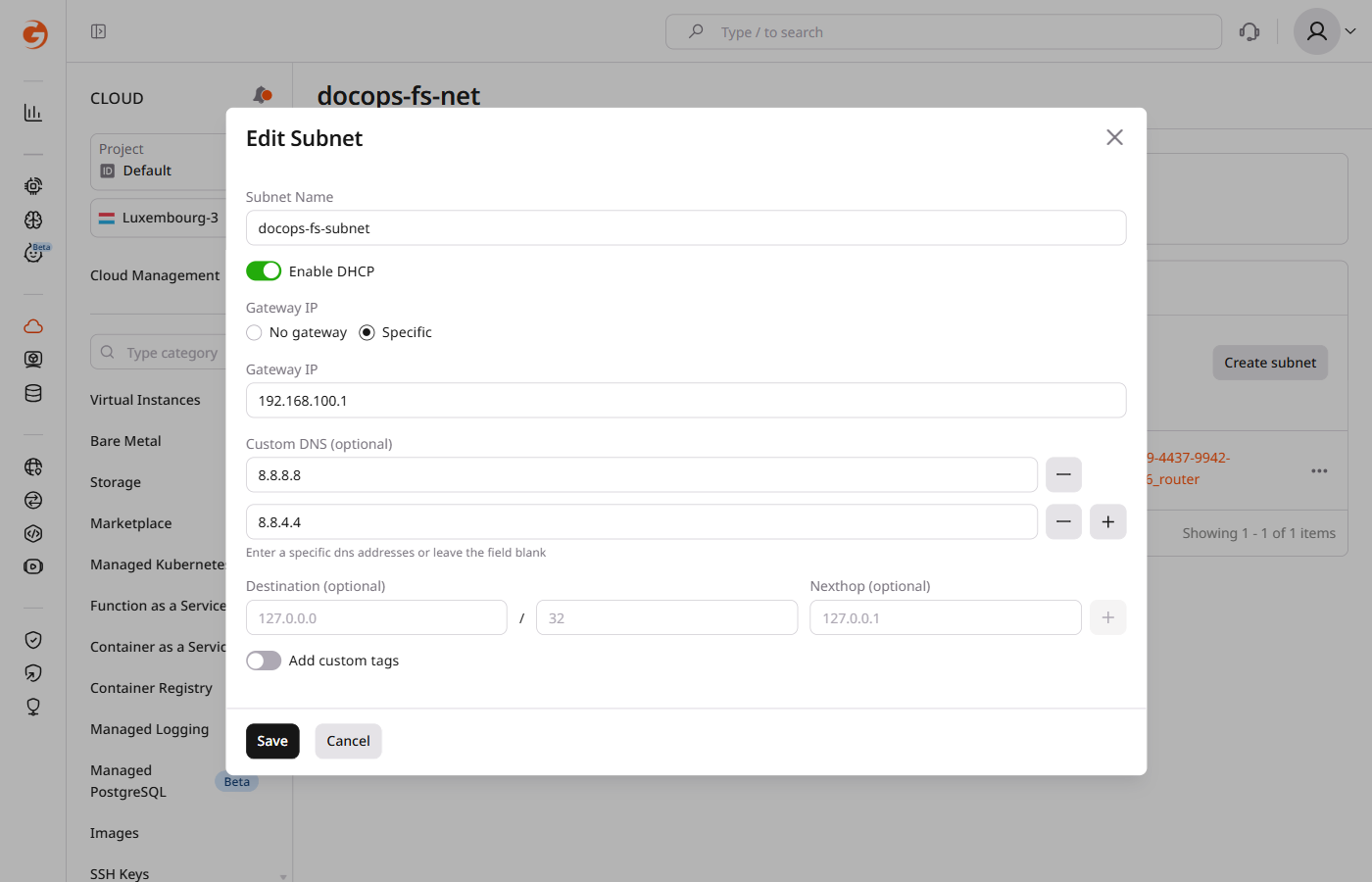 Edit Subnet form showing Gateway IP options
