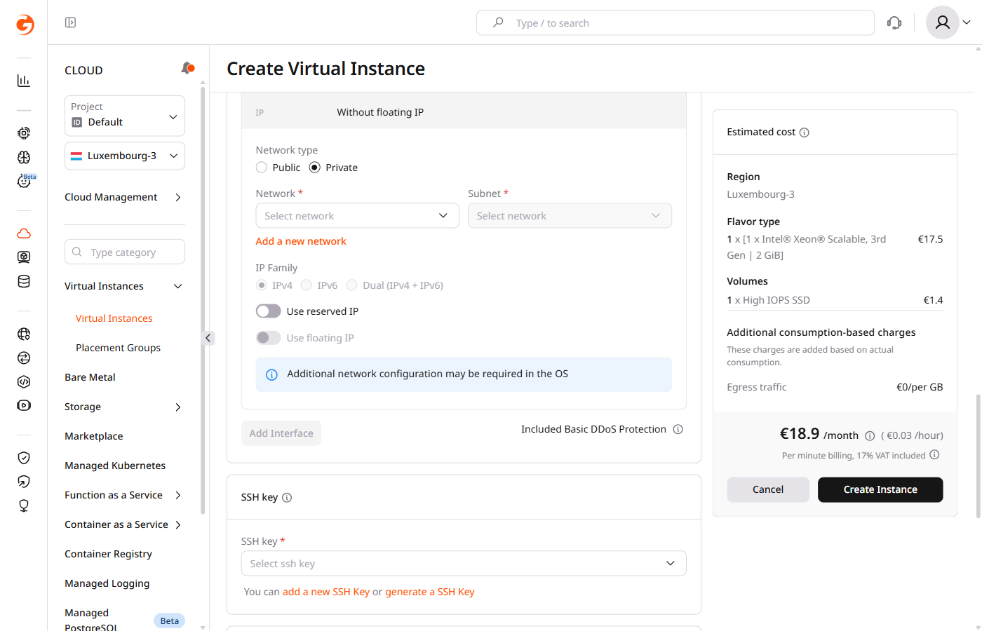 VM creation Network settings with Use floating IP toggle