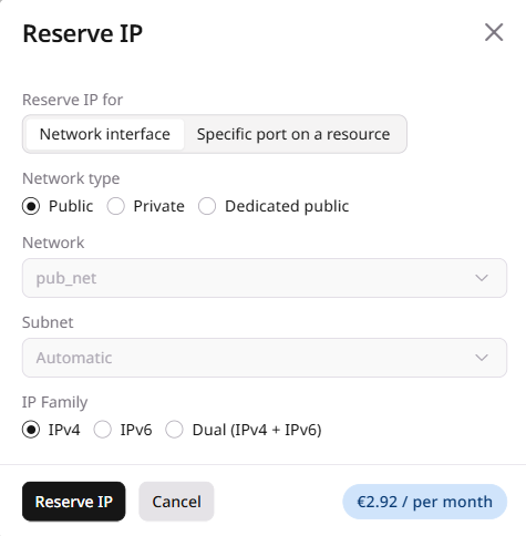 Reserve IP dialog showing Network type and IP Family options