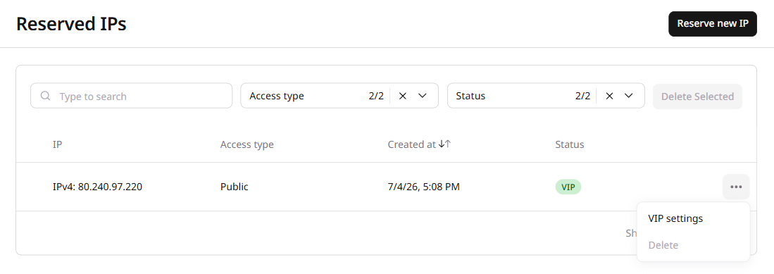 Reserved IPs row context menu showing VIP settings option