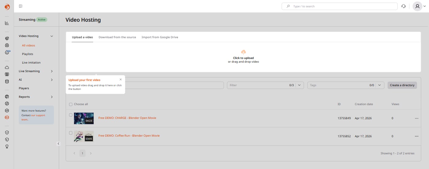 All Videos list in Gcore Video Hosting portal