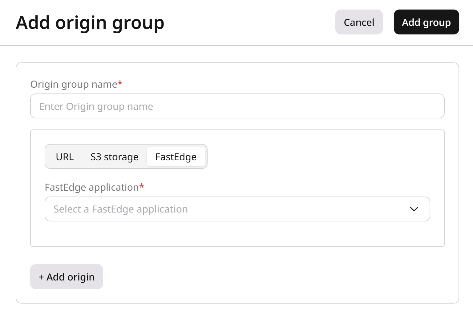 FastEdge origin type with the application dropdown