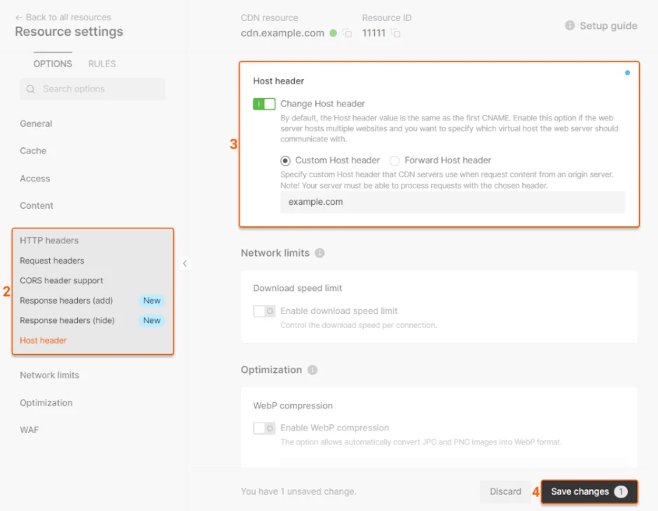 Resource settings in the control panel