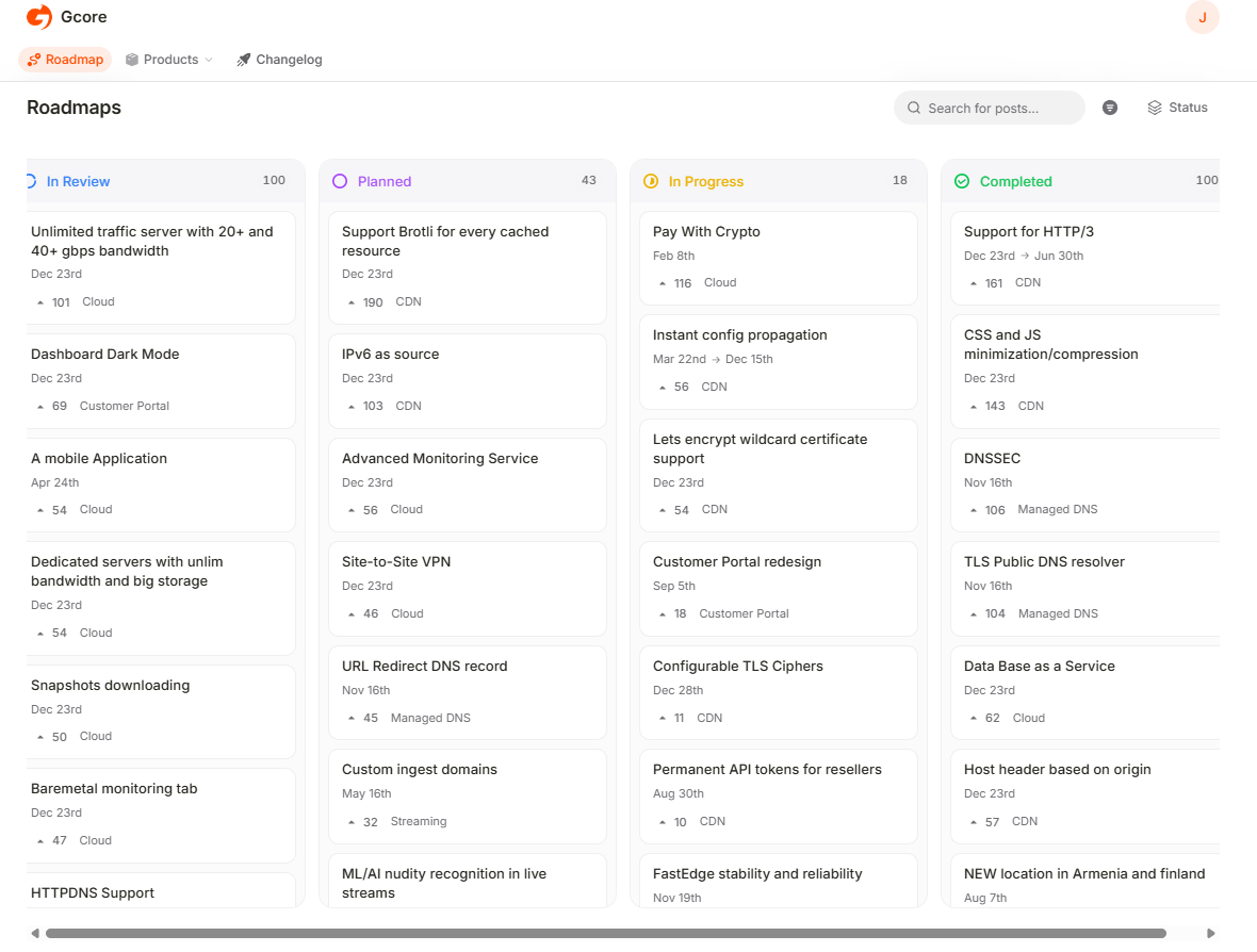 Roadmap page with In Review, Planned, In Progress, and Completed columns
