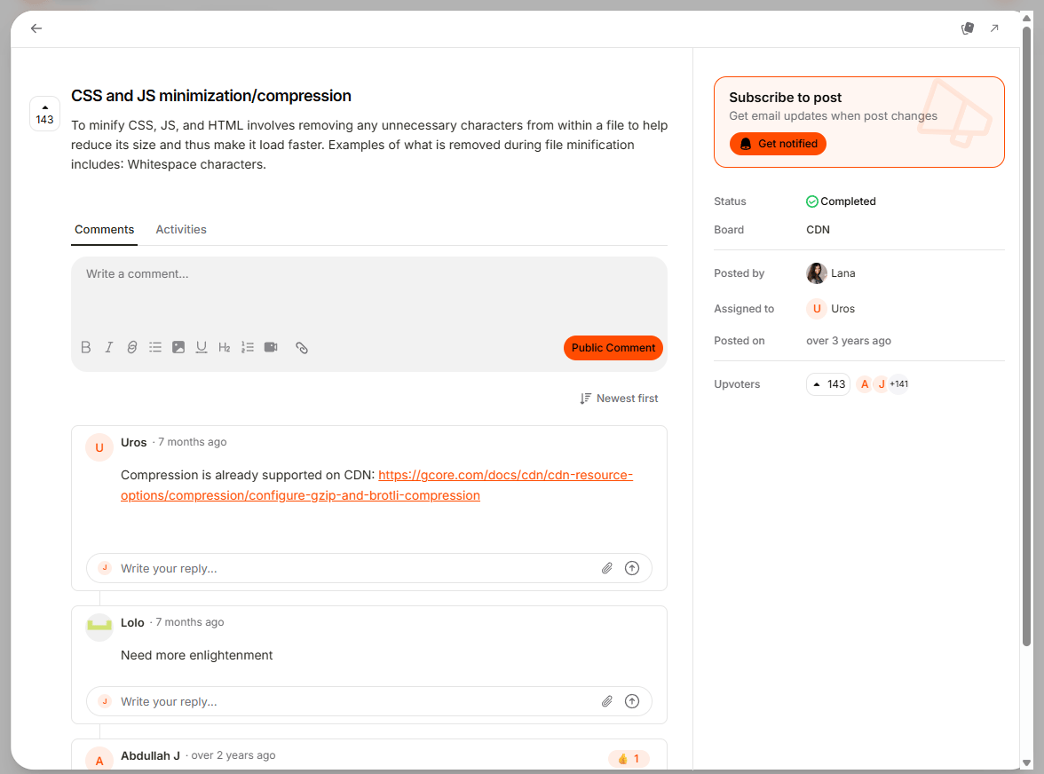 Post detail page with status, board, and subscribe panel