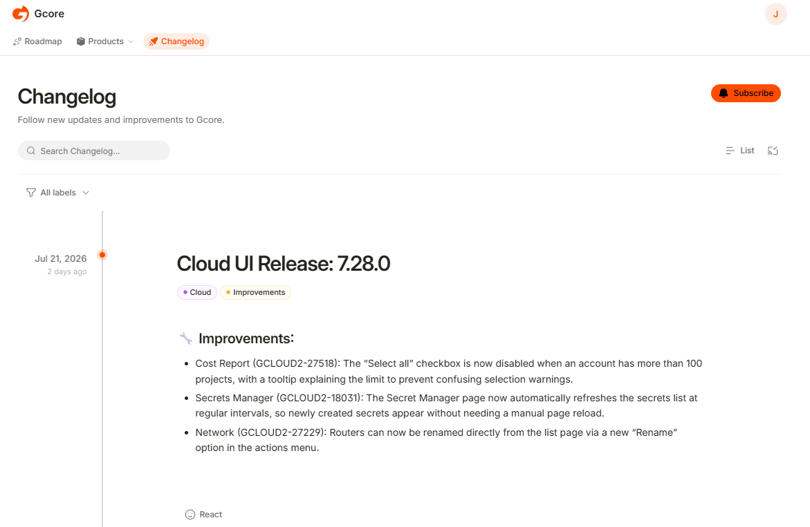 Changelog page with a release entry and label filters