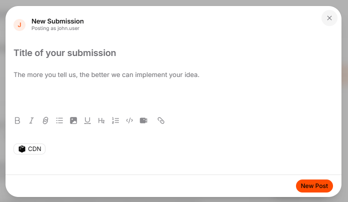 New Submission form with title, description, and board fields
