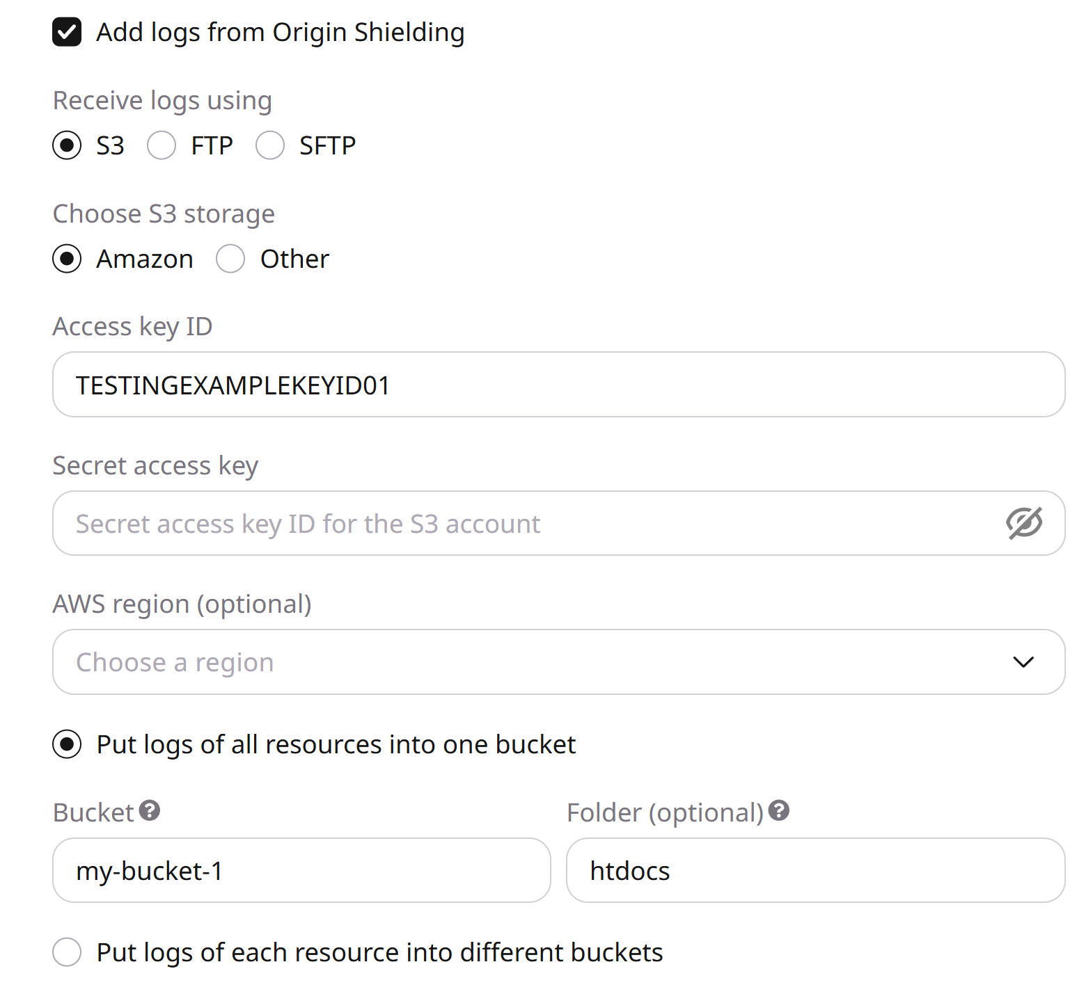 Amazon S3 export form in Raw Logs settings