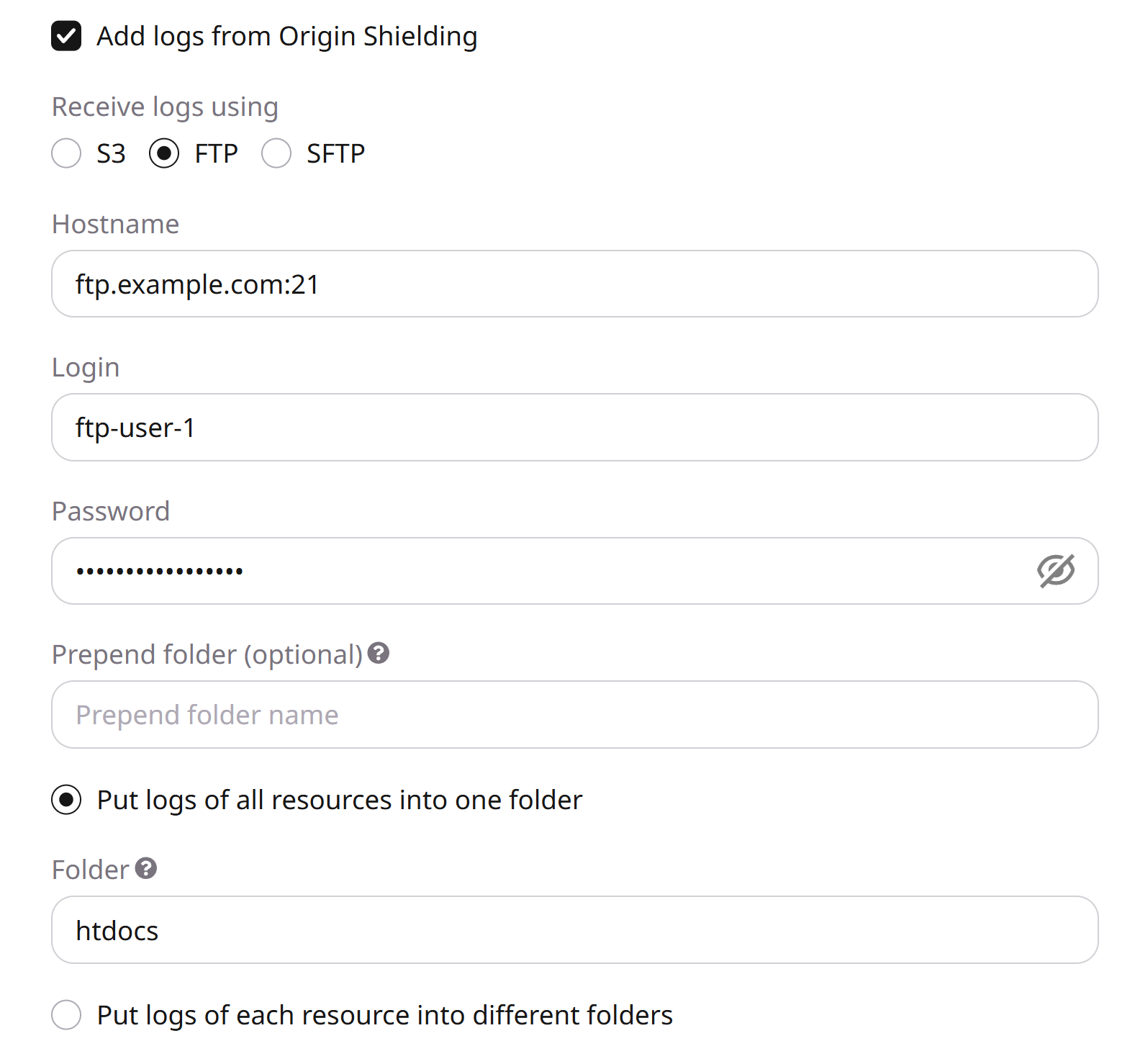 FTP export form in Raw Logs settings