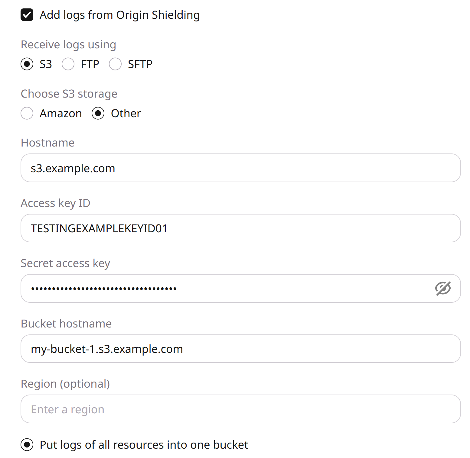 Other S3 export form in Raw Logs settings