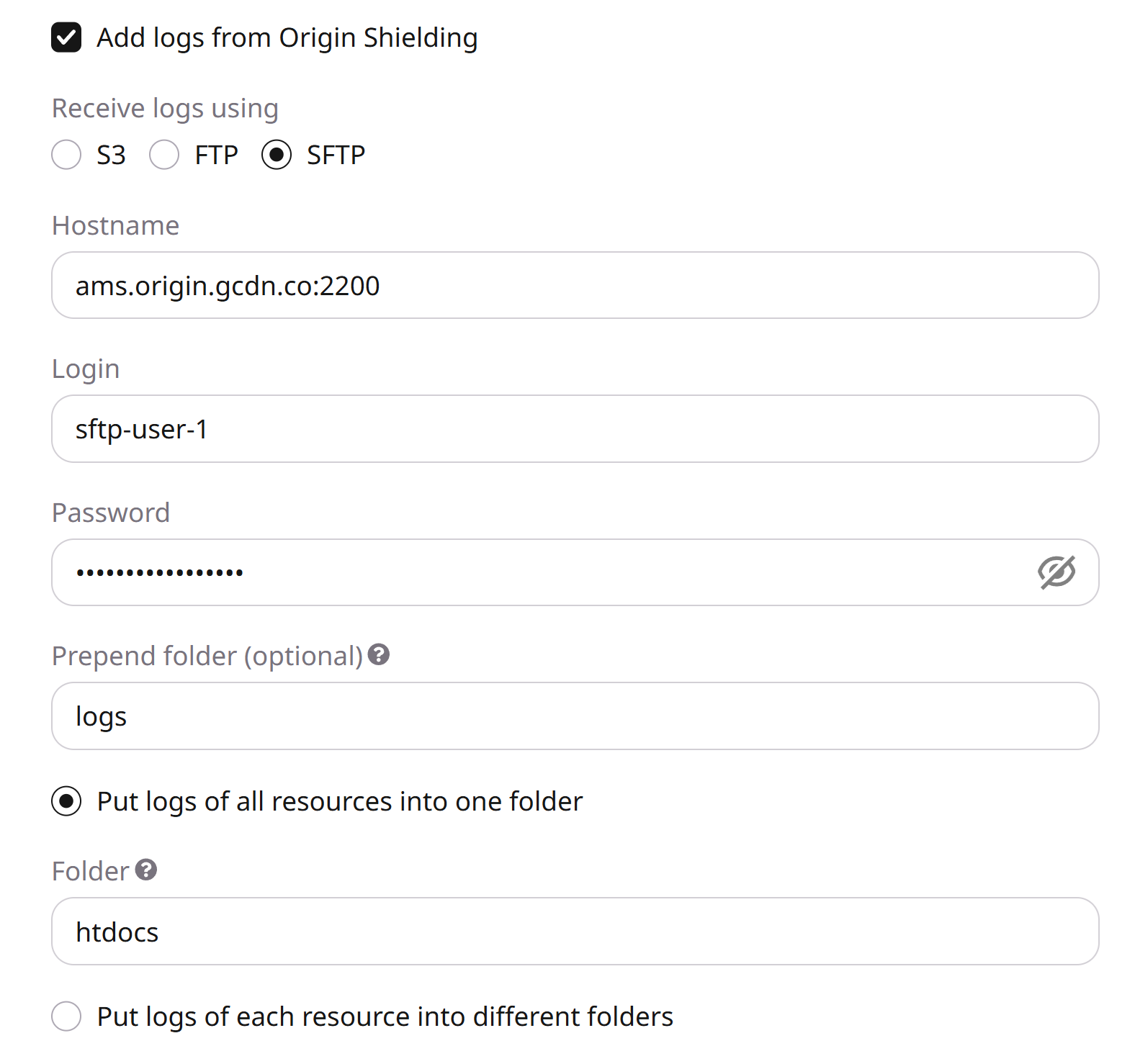 SFTP export form in Raw Logs settings