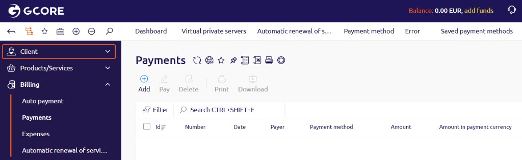 Payments page showing the Print and Download buttons in the toolbar