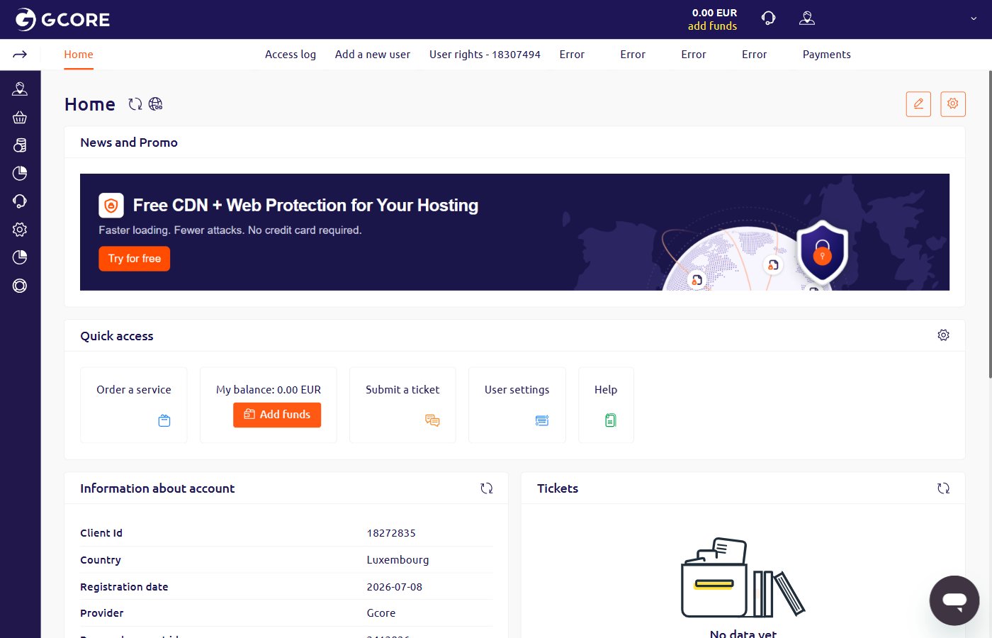 Home page with Information about account section and Add funds button