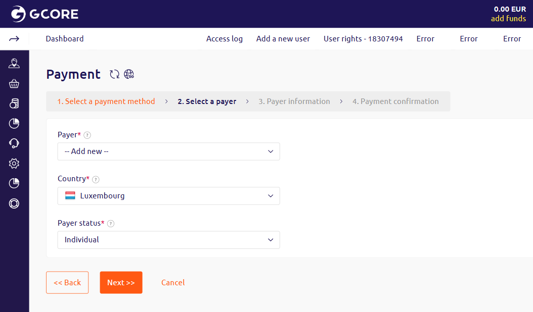 Step 2: Select a payer with Payer, Country, and Payer status fields