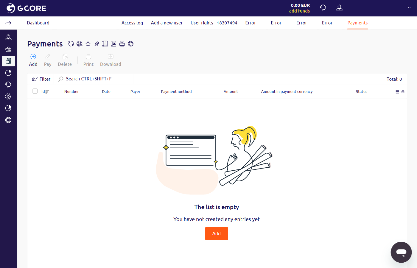 Billing Payments list with Add button