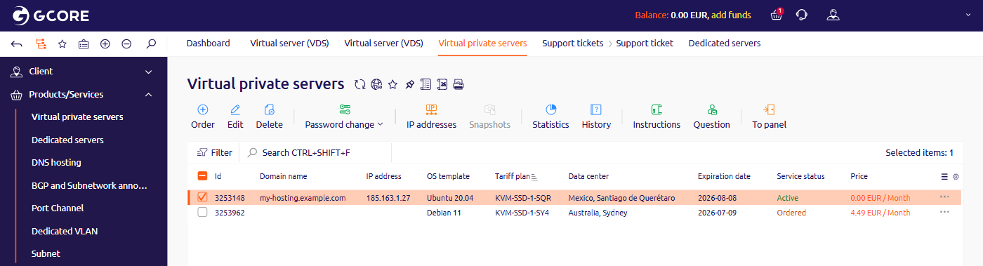 Virtual private servers list with a server selected and the Delete button highlighted in the toolbar