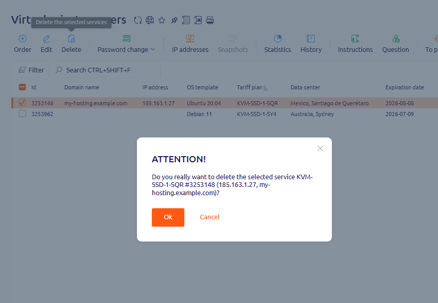 Confirmation dialog asking to confirm server deletion, with Ok and Cancel buttons