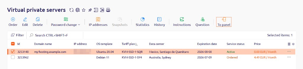 Virtual private servers list with a server row selected and the To panel button highlighted in the toolbar