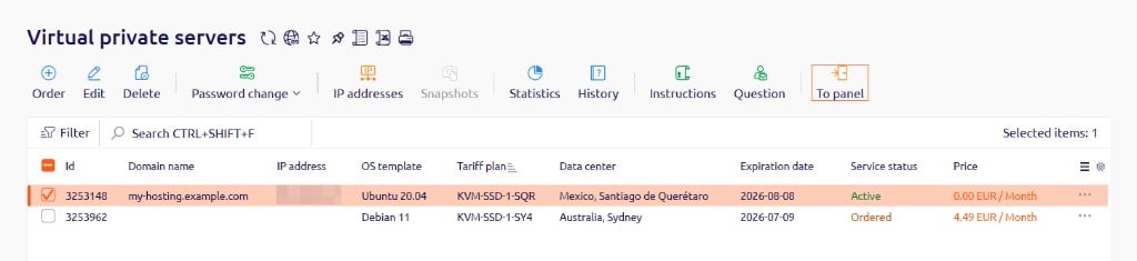 Virtual private servers list with a server row selected and the To panel button highlighted in the toolbar