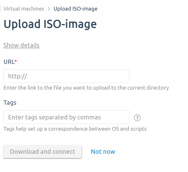 Upload ISO-image page with URL field and Tags field